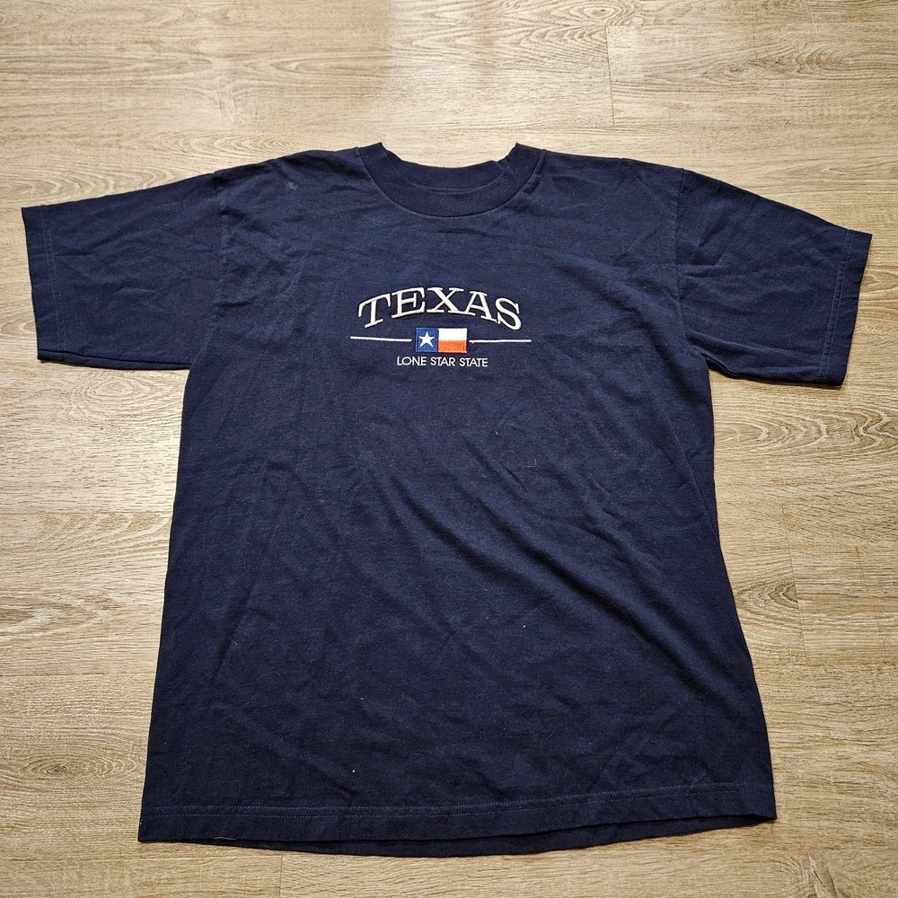 Vintage 90s Texas Lone Star State T Shirt Mens L Navy Embroidered Made in USA